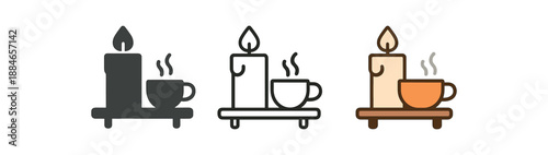daily comfort candle and steaming tea on small shelf