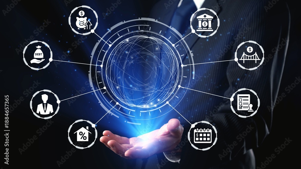 Obraz premium Loan icons represent debt, repayment, and financial planning. Loan supports banking, loan connects credit with payment systems, and loan helps manage interest effectively. Gist