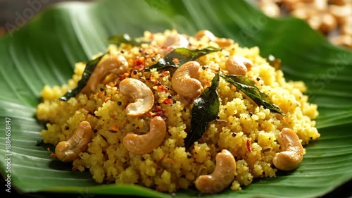 Upma Served on Banana Leaf - This is an video of delicious Indian upma, a traditional dish made with semolina, cashews, and spices.