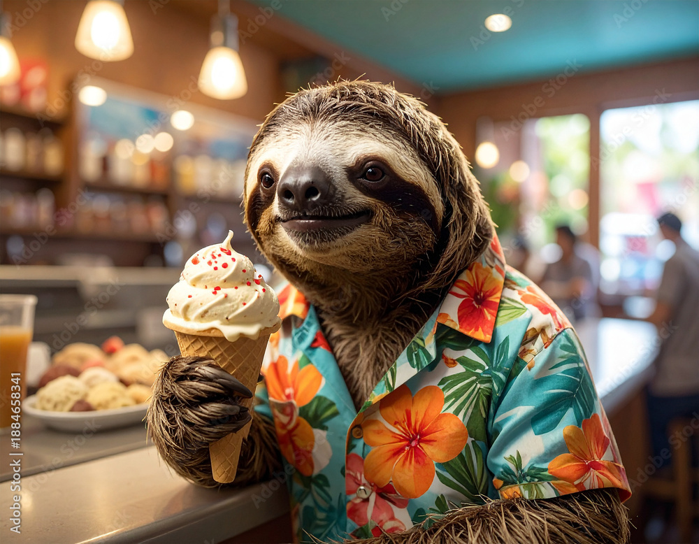 Obraz premium Faultier in der Eisdiele ist ein Eis