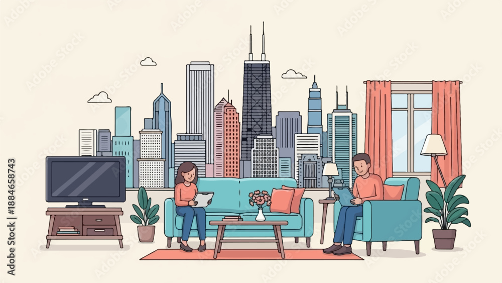 Naklejka premium Two people relax indoors with city skyline backdrop