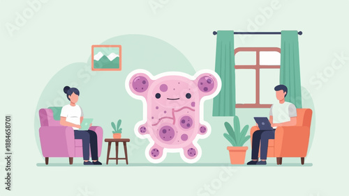Two people relax indoors with laptops near a cartoon microbe