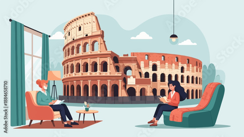 Two people relax indoors with a view of the Colosseum