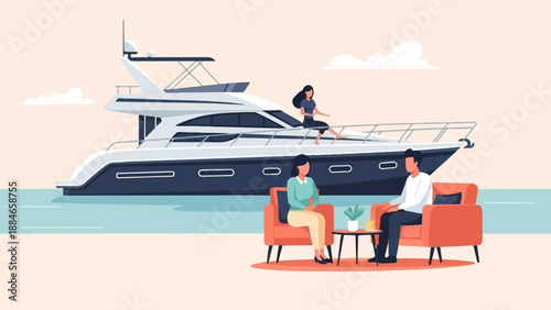 Two people relax on a beach beside a luxury yacht and the sea