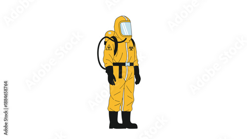 A person in a comprehensive yellow hazardous materials (HAZMAT) suit, complete with a gas mask and oxygen tank, standing in a profile view.