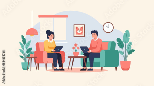 Two people relax indoors with laptops, surrounded by plants and decor