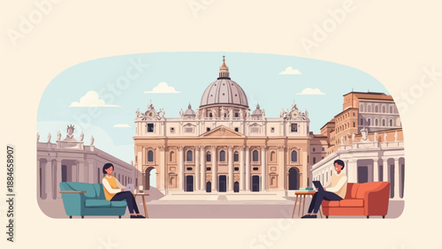 Two people relax on sofas in front of a grand domed building