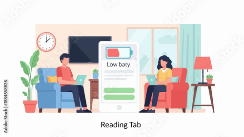 Two people relax on sofas using laptops with a phone displaying a low battery warning