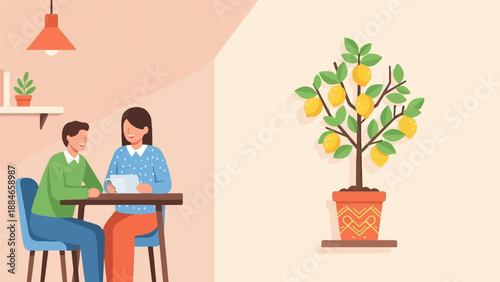 Two people sit at a table, one writing, with a potted lemon tree nearby