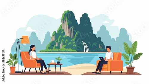 Two people relaxing in armchairs with a tropical waterfall backdrop