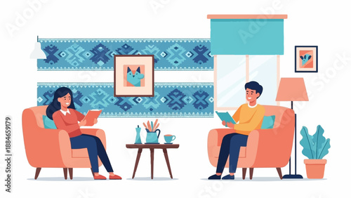 Two people relaxing in armchairs reading books in a cozy living room