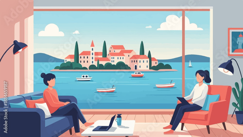 Two people relaxing indoors, looking out at a coastal town with boats