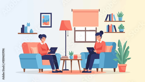 Two people relaxing in armchairs with laptops