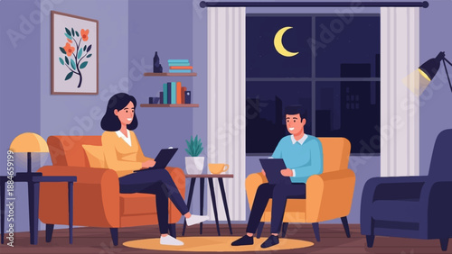 Two people sit in armchairs in a living room at night, working on laptops