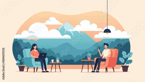 Two people relaxing with devices in chairs with a mountain backdrop
