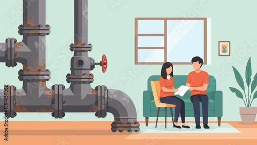 Two people seated in a living room discuss documents near a large, rusty industrial pipe