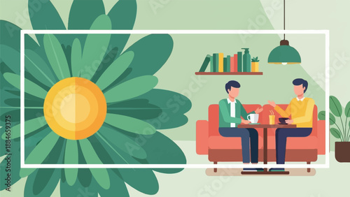 Two people sitting in a cafe, talking over coffee, with a large flower on the left