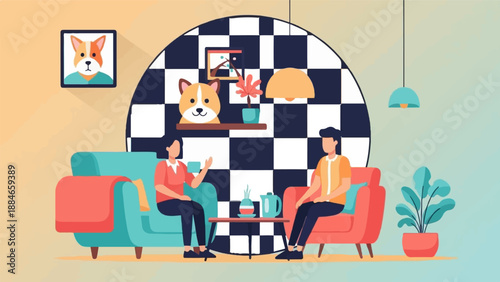 Two people sitting in armchairs in a room, chatting