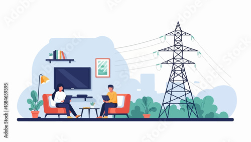 Two people sit in chairs using laptops with a power tower nearby