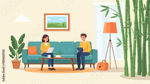 Two people sit on a couch, each reading a document, with plants and bamboo