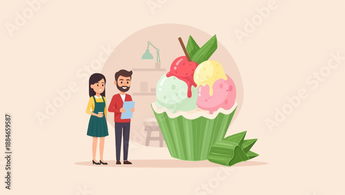Two people stand near a giant ice cream sundae with colorful scoops
