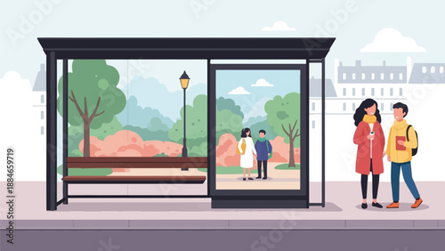 Two people wait at a bus stop, conversing near a park