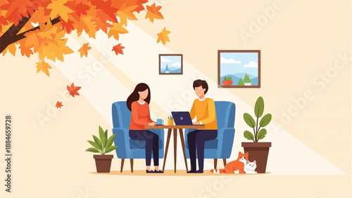 Two people with laptop and cats in a room with autumn leaves falling