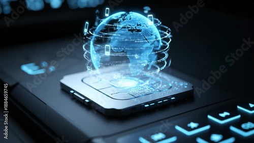 Futuristic eSIM Card Hologram Projection - This video showcases a futuristic holographic projection of the Earth emerging from an eSIM card chip.