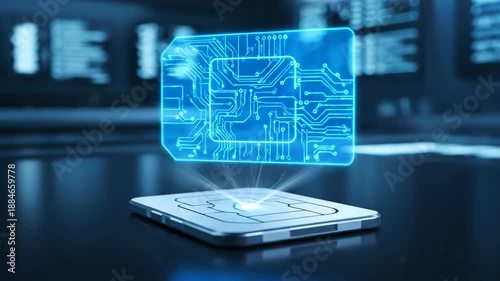 Futuristic SIM Card Projection - The video shows a metallic SIM card with a bright projection of a blue circuit board emanating from it.