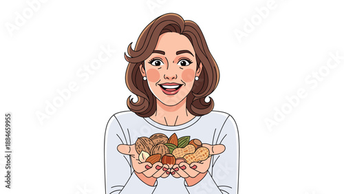 Radiant woman with brown hair joyfully holds a generous handful of diverse nuts, including walnuts, almonds, and peanuts, promoting healthy eating habits.