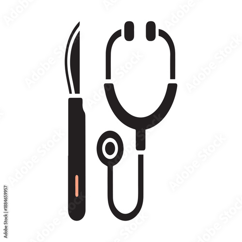 Medical Tools Silhouette: A minimalistic illustration featuring a scalpel and stethoscope, symbolizing the essence of medical practice, precision, and healthcare.
