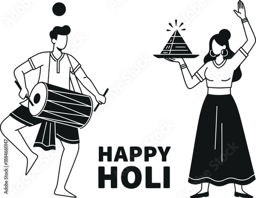 Vibrant holi celebration man playing drum and woman holding pyre happy holi festival of colors