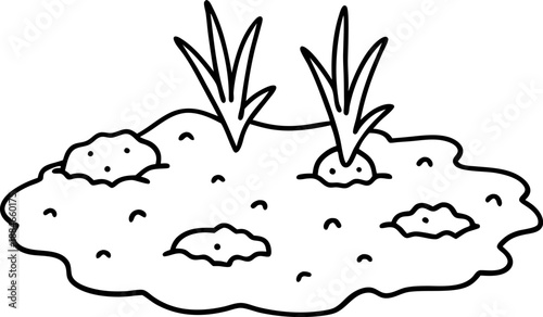 muddy puddle with grass patches, wet soil accumulation in natural outdoor environment