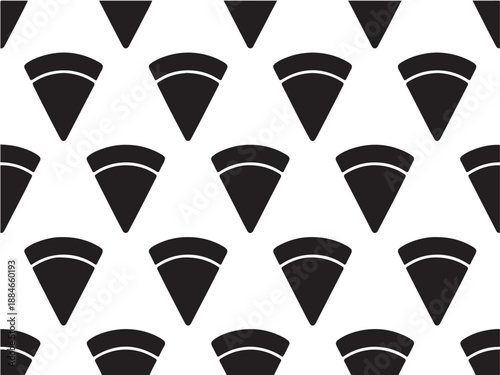 Black and white seamless pizza slice pattern perfect for restaurant graphic use. This repeating design is modern, clean, and a versatile element.