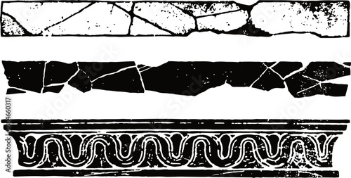 Ancient decorative border patterns with cracked stone texture and classical ornamental design strip
