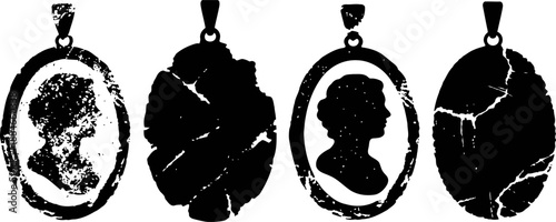 Four vintage cracked cameo silhouette pendants in oval frames with profile portraits