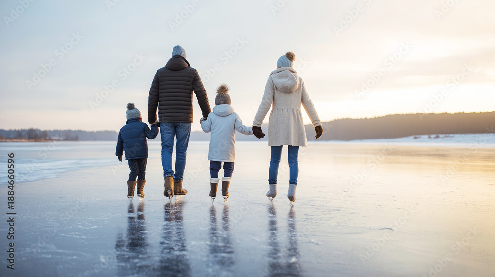 Fototapeta premium Family ice skating together on a natural frozen lake during golden hour, enjoying winter leisure and bonding