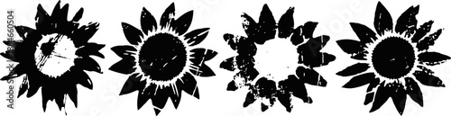Four black and white distressed sunflower silhouettes with rough textured edges