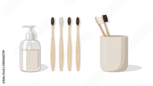 Sustainable bathroom essentials featuring an eco-friendly pump dispenser, multiple bamboo toothbrushes, and a stylish toothbrush holder, promoting zero-waste living.