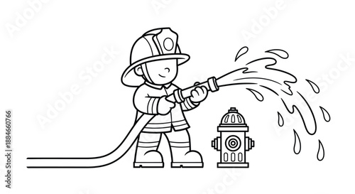 a black and white drawing of a firefighter spraying water from a hose near a hydrant
