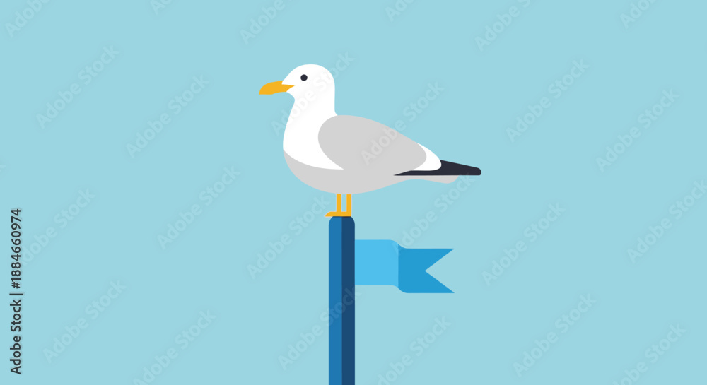 Obraz premium Seagull perched atop a flagpole with Laridae camaraderie in a serene illustration scene