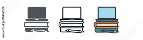 work from home closed laptop stacked on two books with pen