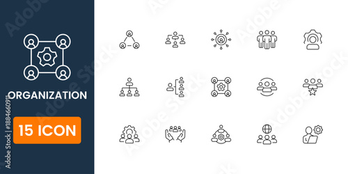 organization icons collection, company management symbols, business hierarchy icon pack, workflow and structure vector UI icons