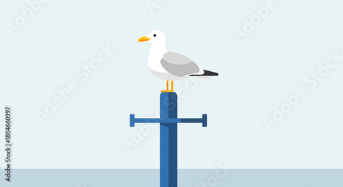 Seagull perched on a pole near the water's edge, a Laridae camar scene by the sea