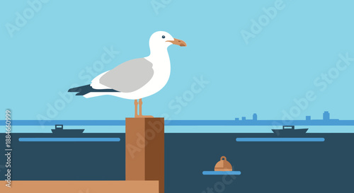 Seagull perched on dock post overlooking boats in harbor with camar Laridae flying
