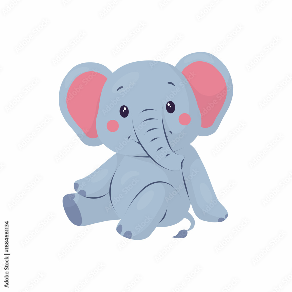 Obraz premium A cute baby elephant sitting and smiling. The illustration is done in a flat vector style. The character is suitable for zoos, safari sites, children's parties, cards, books, apps, and educational