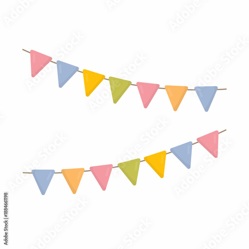 Colorful triangular garland flags in a flat pastel vector style. Decorative elements for birthdays, children's events, festivals, invitations, posters, cards, packaging, branding, and other fun