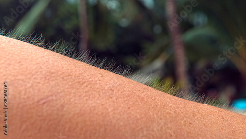 Slika na platnu MACRO: Unrecognizable young female trembles in cold weather on tropical beach