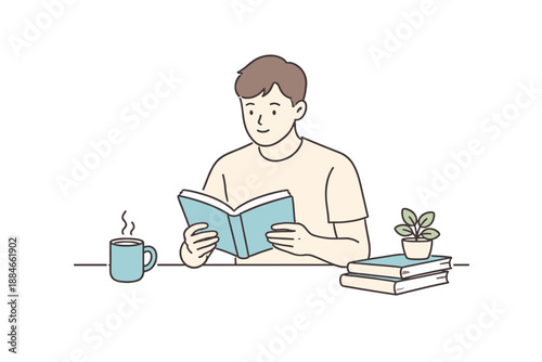 Peaceful Reading Moment. Man sits at a table absorbed in reading a favorite book peacefully Minimalist flat line vector