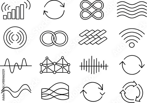 Minimalist Icon Grid. Line style vector icons of remote work office well being and culture: propagation bar, sync contour, loop